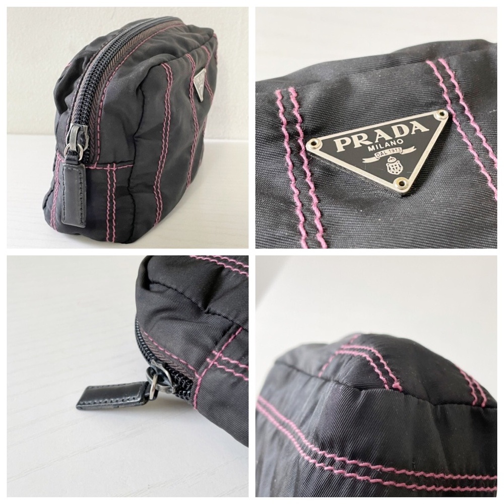 Prada black nylon pink stitching triangle logo medium zip pouch - Picture 3 of 7